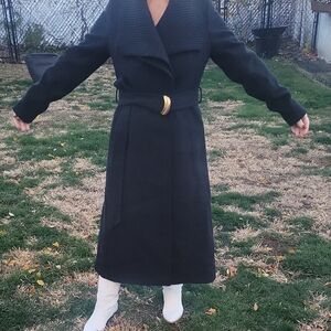 NWT WOO L BLEND Donna Karan Black Coat with Gold Accents